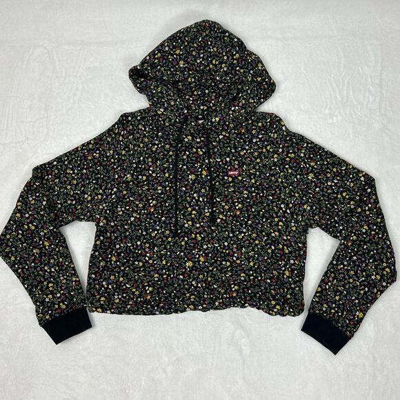 Levi's Hoodie Womens Small Black Floral Cropped Pullover Sweatshirt Red Tab - Picture 2 of 9